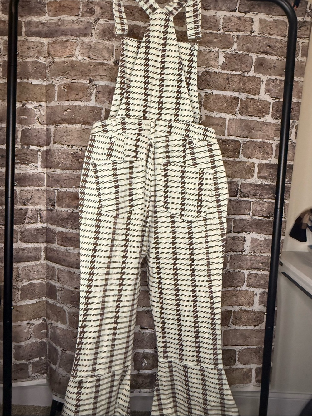 Peach Love California Cream & Brown Plaid Bell Bottom Overalls - Picture 2 of 6